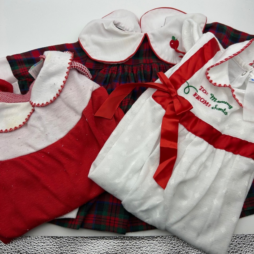 Vintage Christmas Baby Dress Lot Alexis Terry Red Plaid Santa Embroidery 3pc
